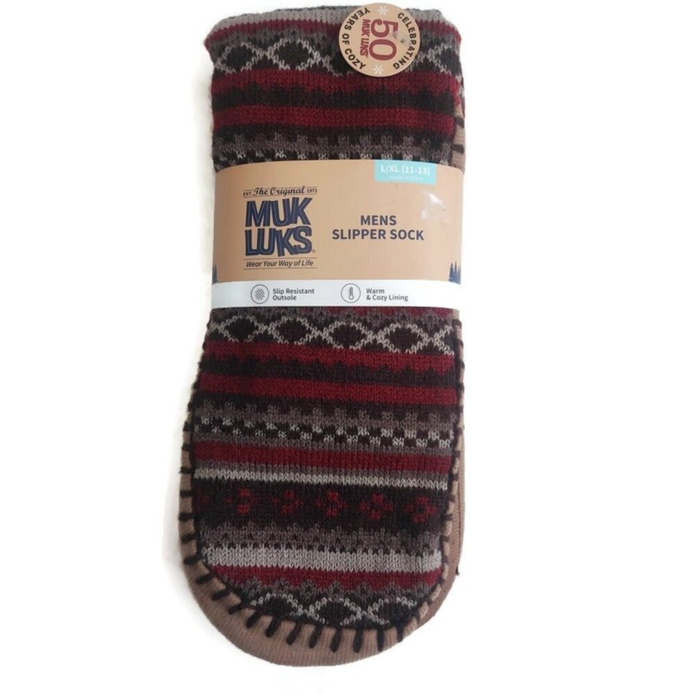 MUK LUKS Mens Slipper Socks Size L/XL Shoe Size 11/13 Red Warm Comfortable 50yrs